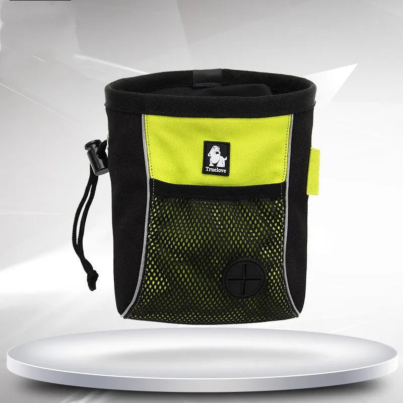 Green and orange dog training waist bags with a removable garbage bag, shown in small and medium sizes.