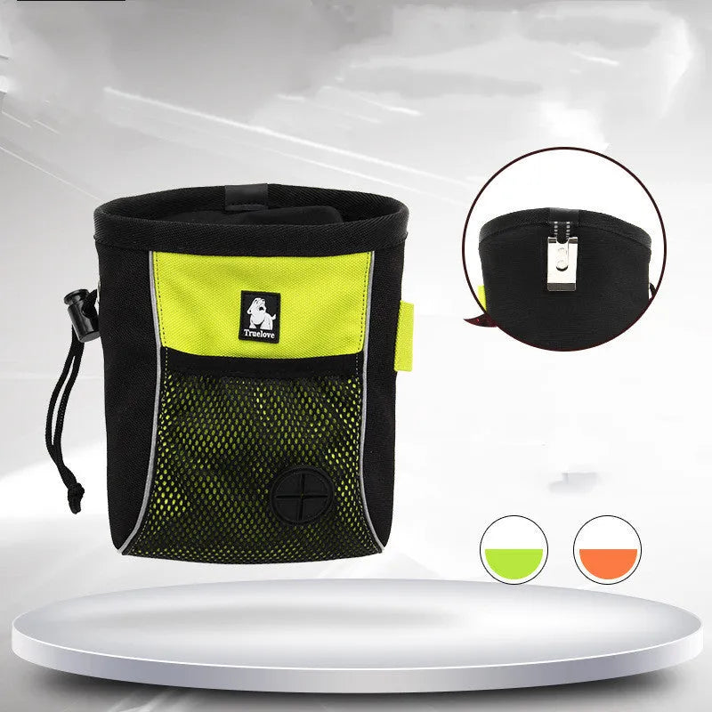 Green and orange dog training waist bags with a removable garbage bag, shown in small and medium sizes.