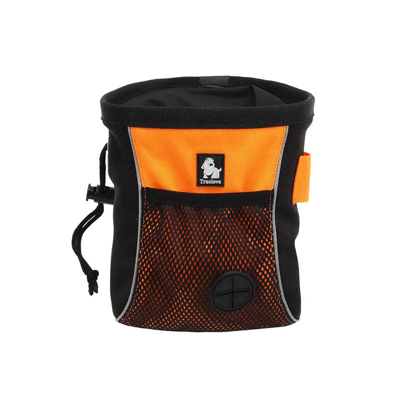Green and orange dog training waist bags with a removable garbage bag, shown in small and medium sizes.
