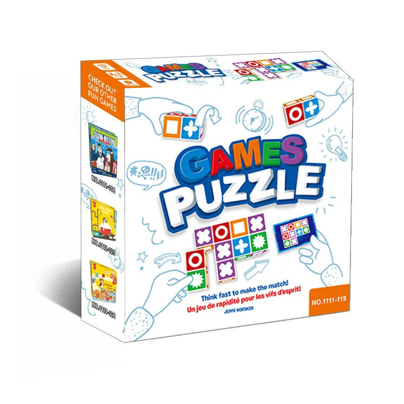Spatial logical thinking board game with 20 coloured ABS blocks and 60 pattern cards in a colour box.