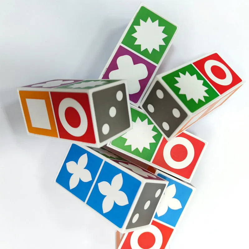 Spatial logical thinking board game with 20 coloured ABS blocks and 60 pattern cards in a colour box.