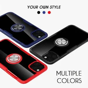 Black PU back cover case fitted on an iPhone 11 Pro Max, showing button and port access.
