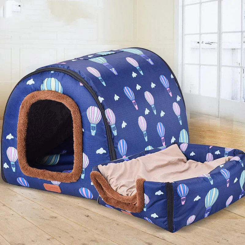 Cylinder cloth dog house with removable washable cover, available in blue and brown, sizes S to 3XL
