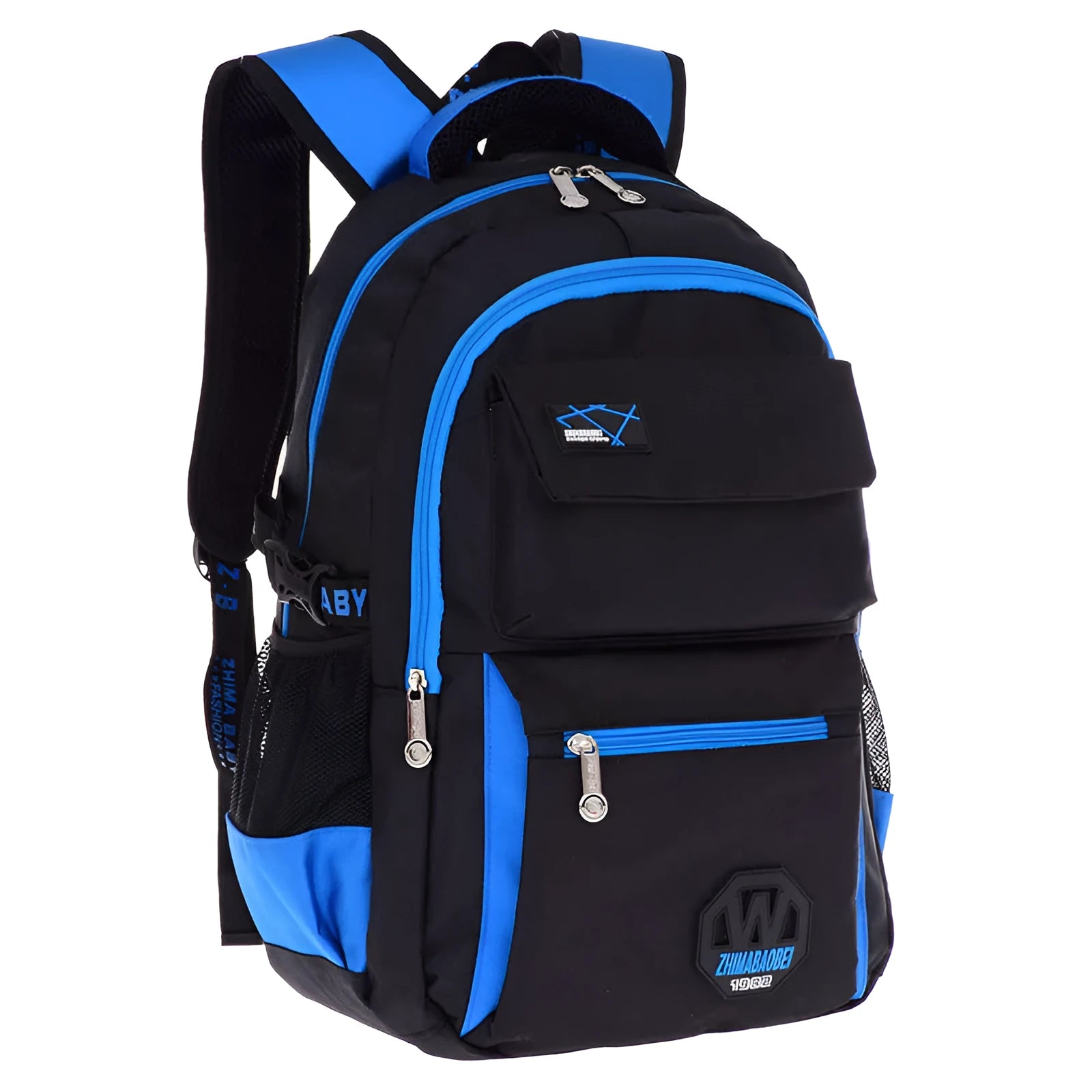 Waterproof nylon school backpack for students with multiple compartments in green colour