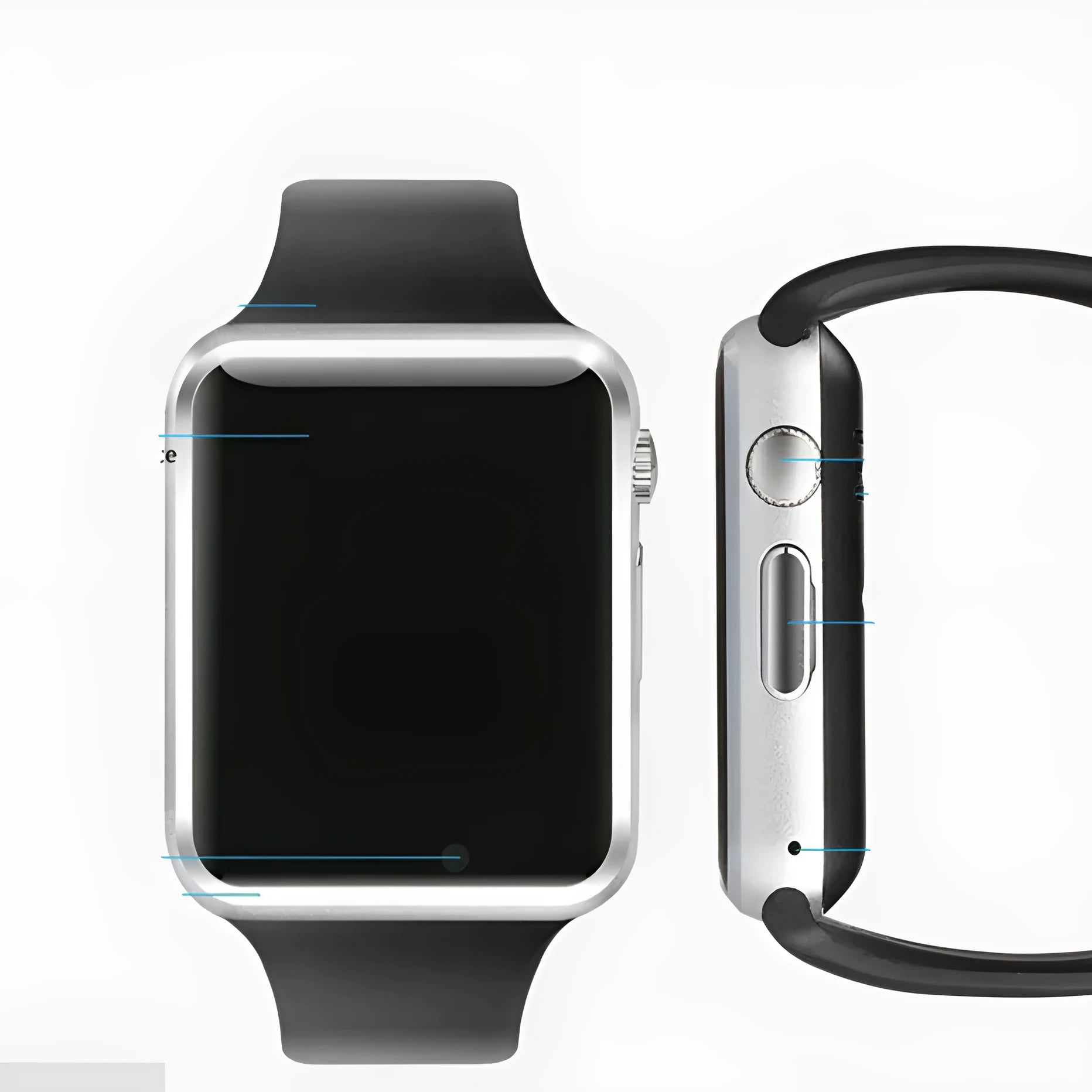 A1 smart watch with 1.54-inch display shown in available colours: black, silver, white, gold, pink, red, green, blue