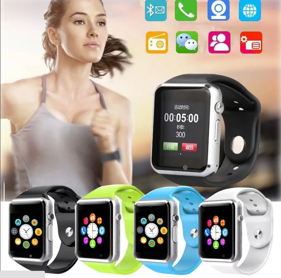 A1 smart watch with 1.54-inch display shown in available colours: black, silver, white, gold, pink, red, green, blue