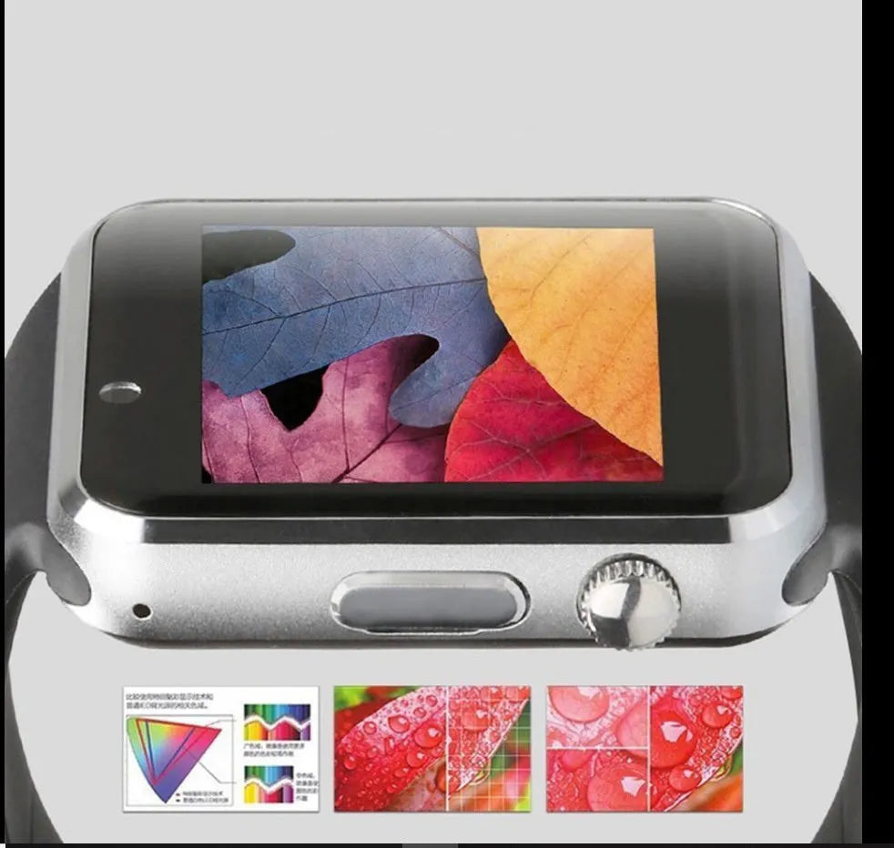A1 smart watch with 1.54-inch display shown in available colours: black, silver, white, gold, pink, red, green, blue