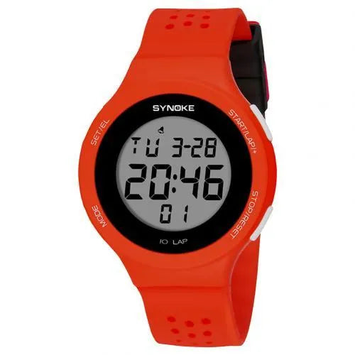 LED electronic sports watch with black strap and luminous display showing 50m water resistance.