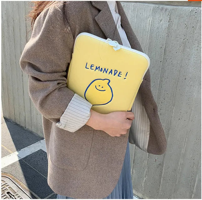 Korean Ins lemon embroidery polyester storage bag for Apple iPad laptop, 11 or 15 inch sizes, horizontal square shape with zipper