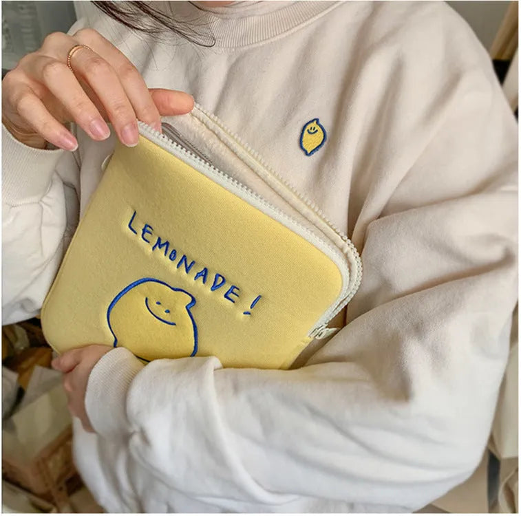Korean Ins lemon embroidery polyester storage bag for Apple iPad laptop, 11 or 15 inch sizes, horizontal square shape with zipper