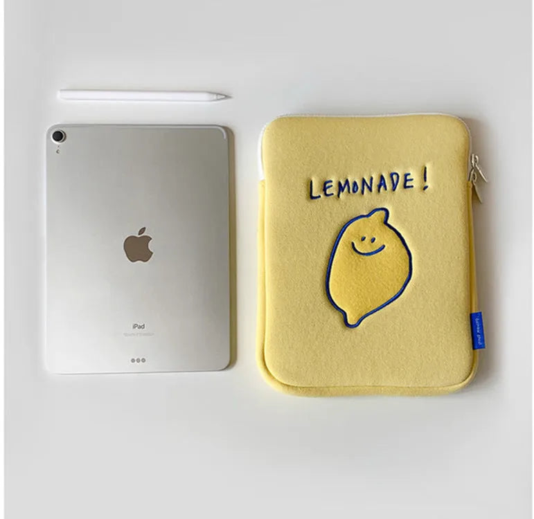 Korean Ins lemon embroidery polyester storage bag for Apple iPad laptop, 11 or 15 inch sizes, horizontal square shape with zipper