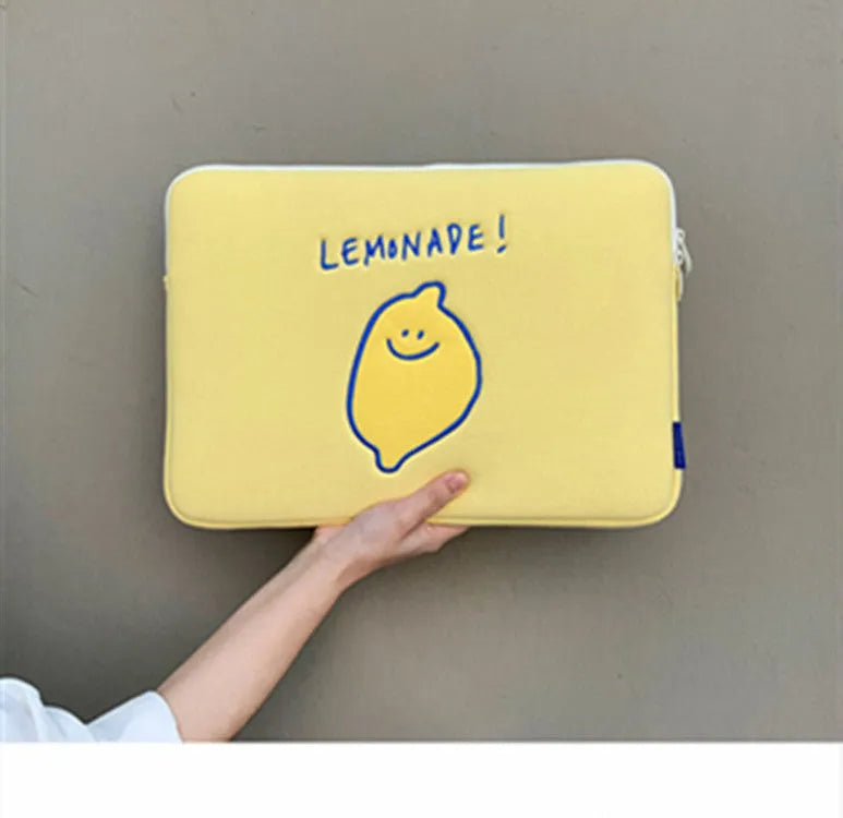 Korean Ins lemon embroidery polyester storage bag for Apple iPad laptop, 11 or 15 inch sizes, horizontal square shape with zipper