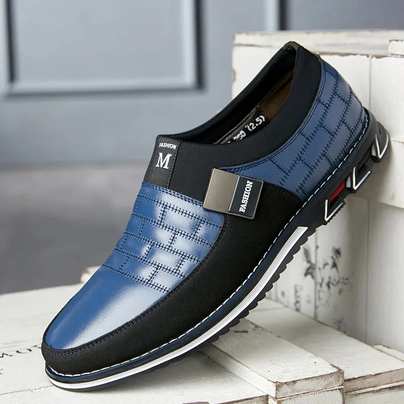 Men's large size casual leather shoes in blue, black, brown or white with low upper height