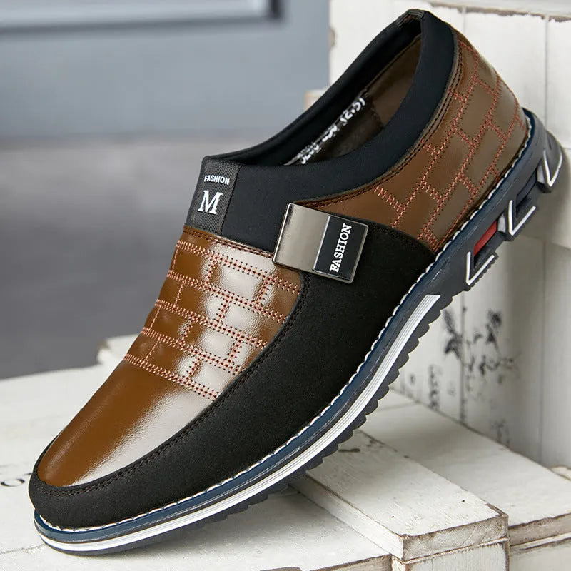 Men's large size casual leather shoes in blue, black, brown or white with low upper height