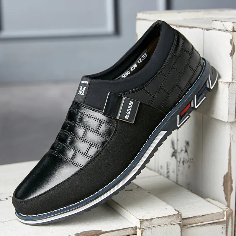 Men's large size casual leather shoes in blue, black, brown or white with low upper height