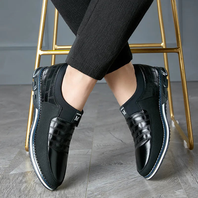 Men's large size casual leather shoes in blue, black, brown or white with low upper height