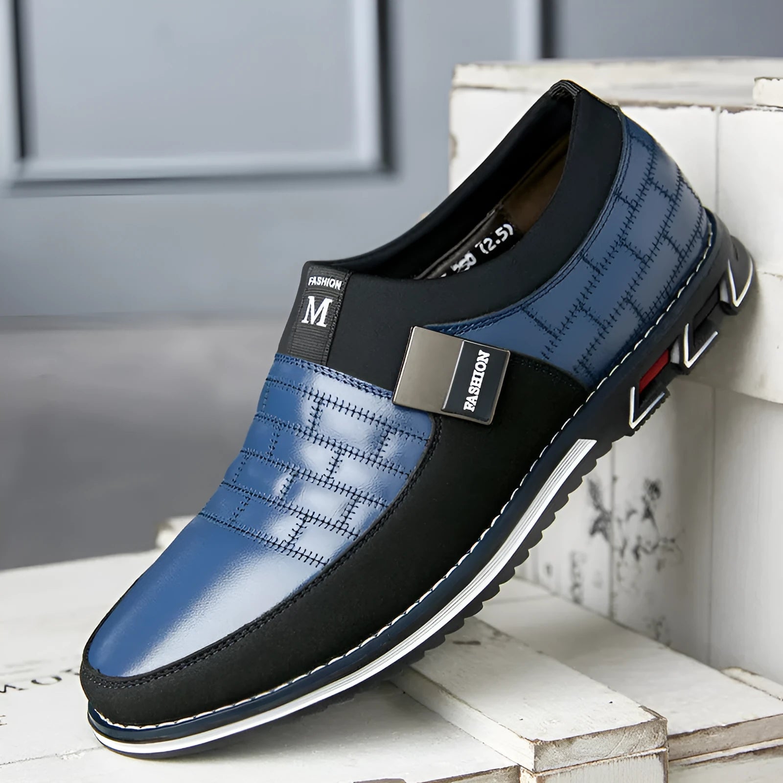 Men's large size casual leather shoes in blue, black, brown or white with low upper height