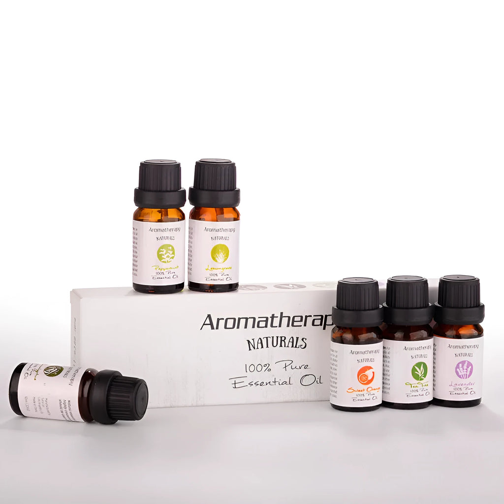 Aromatherapy essential oil set with six 10 (g/ml) boxes including lavender, mint, tea tree, lemongrass, sweet orange, and eucalyptus