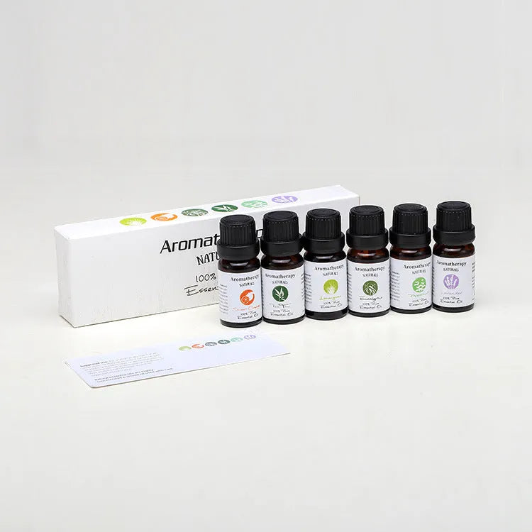Aromatherapy essential oil set with six 10 (g/ml) boxes including lavender, mint, tea tree, lemongrass, sweet orange, and eucalyptus