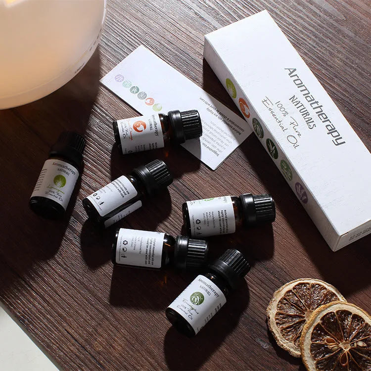 Aromatherapy essential oil set with six 10 (g/ml) boxes including lavender, mint, tea tree, lemongrass, sweet orange, and eucalyptus