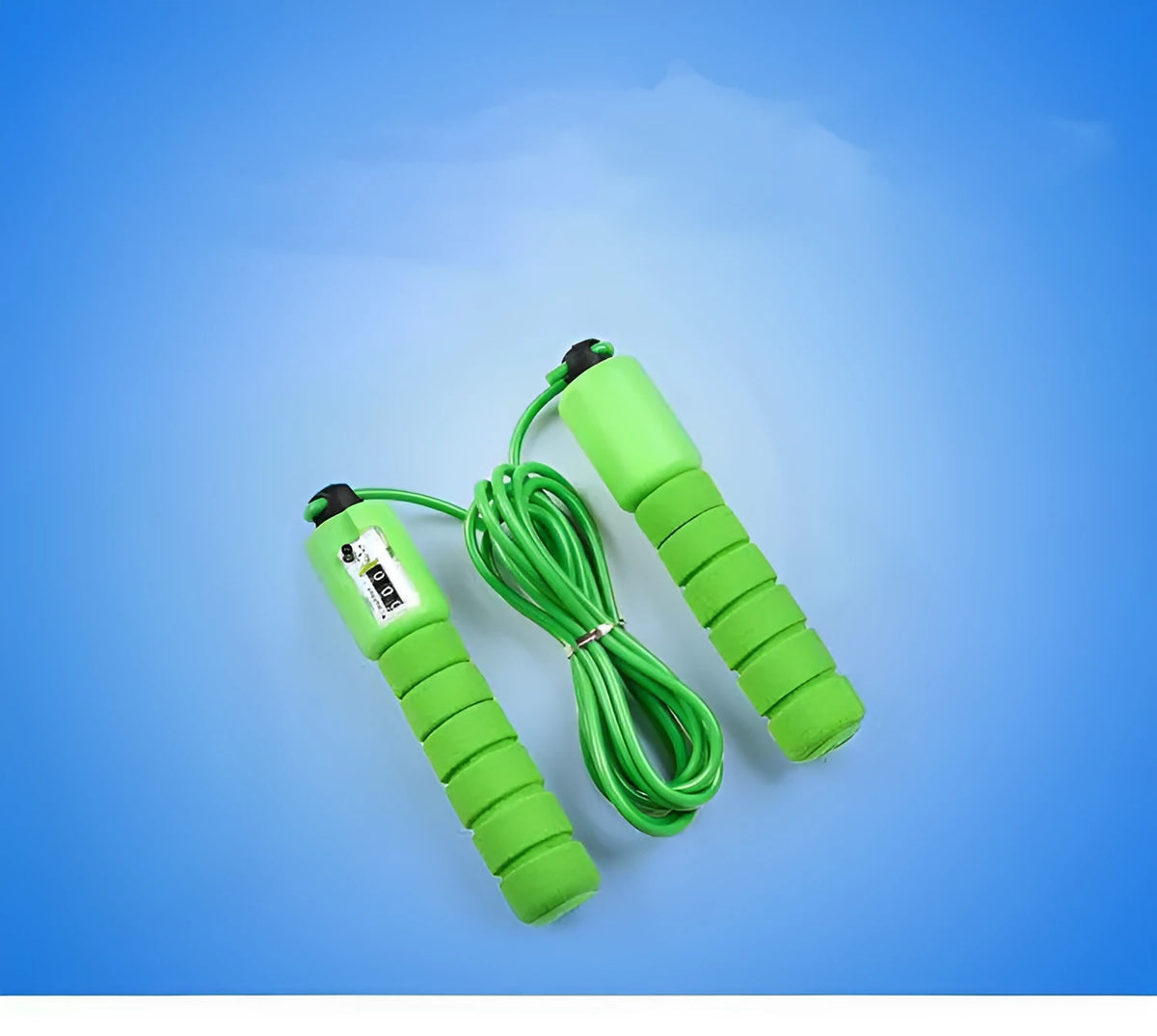 Adult skipping rope with a digital counter on the handle, sponge grip, and plastic rope on a white background