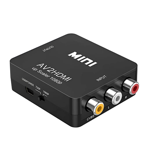 Compact white and black AV to HDMI video converter with 0.5 metre cable