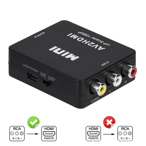 Compact white and black AV to HDMI video converter with 0.5 metre cable