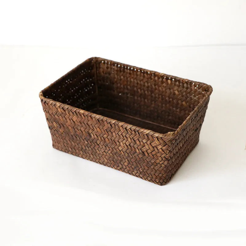 Straw desk storage box in brown colour showing rectangular shape and woven texture