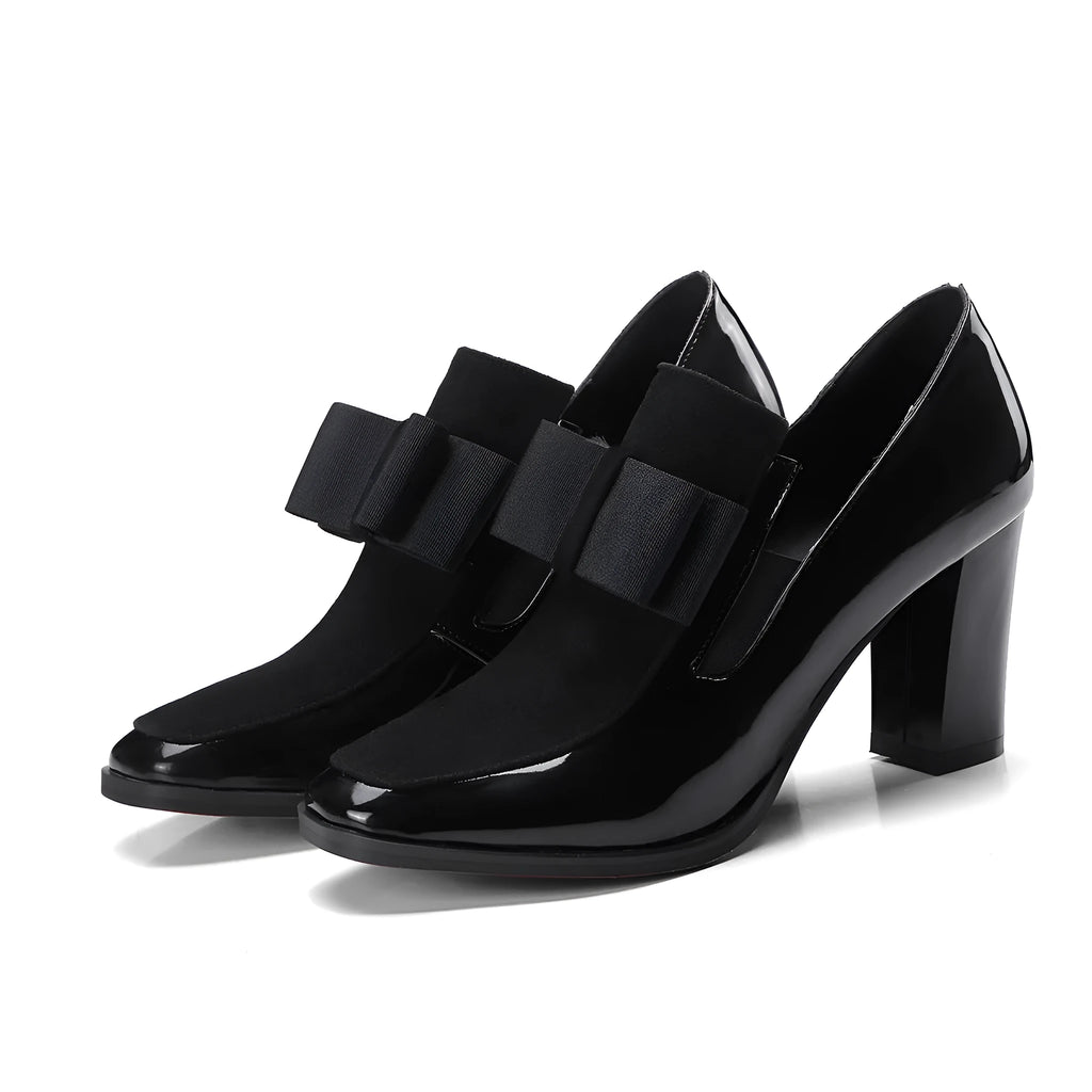 Black patent leather women's high heels with a thick 8cm heel and square toe.