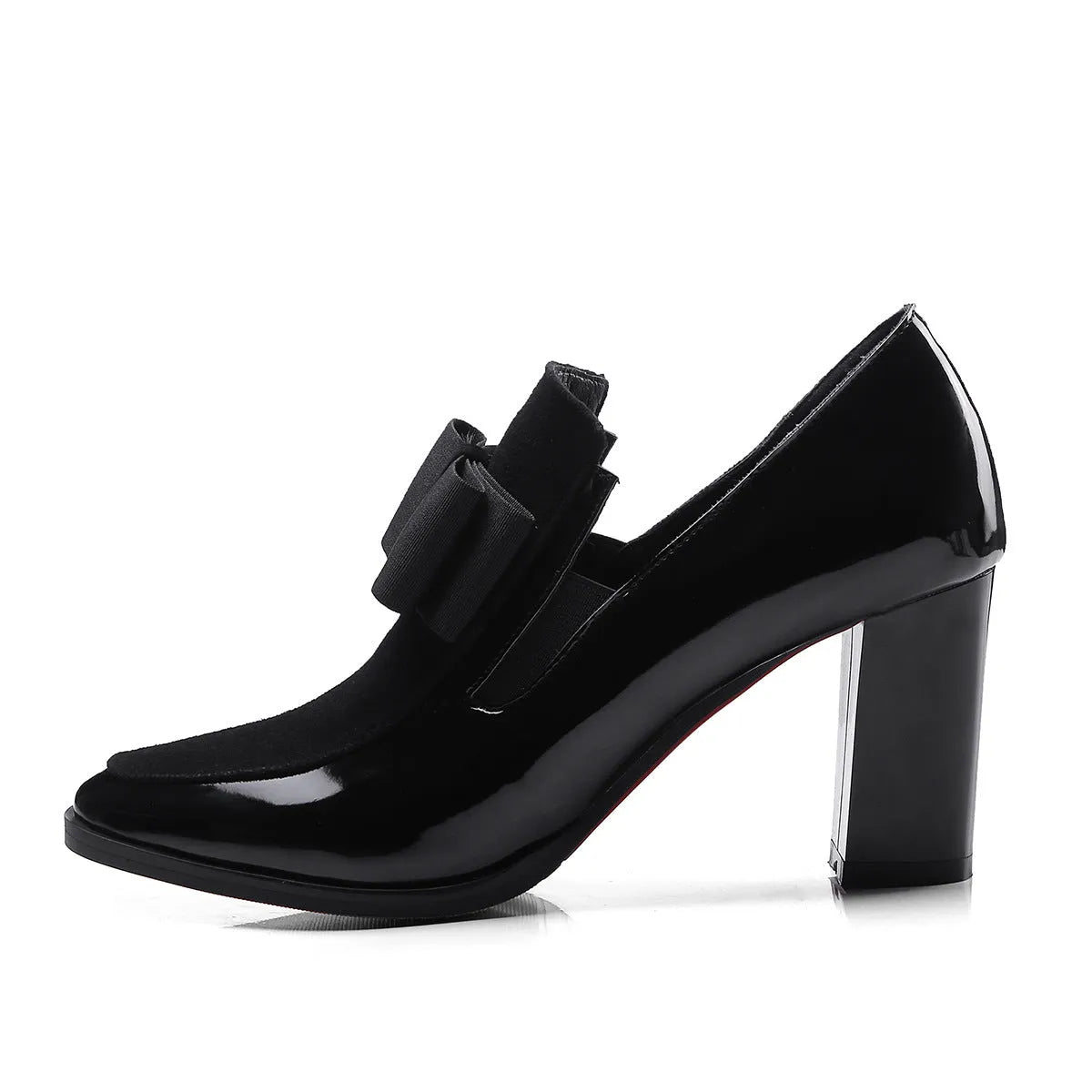Black patent leather women's high heels with a thick 8cm heel and square toe.