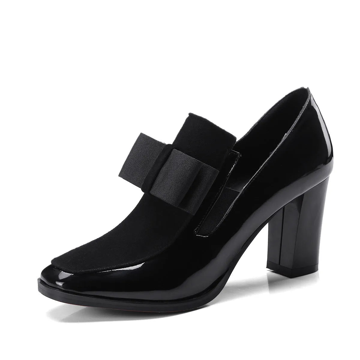Black patent leather women's high heels with a thick 8cm heel and square toe.