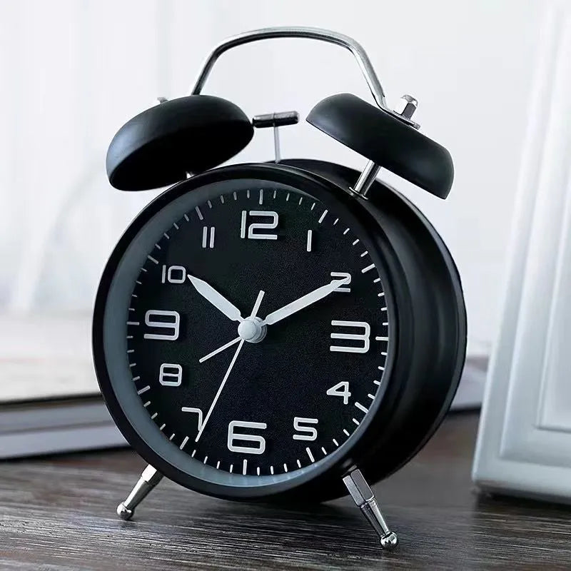 Big sound metal alarm clock with luminous dial, silent sweep, black finish, 4 inches size