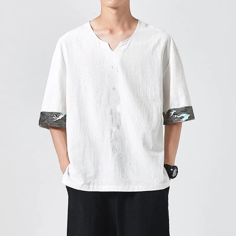 Men's linen yukata shirt set with plain embroidery, round neck, short sleeves, white colour option