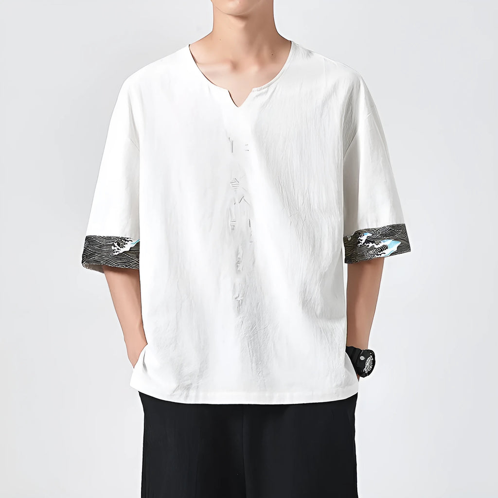 Men's linen yukata shirt set with plain embroidery, round neck, short sleeves, white colour option