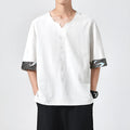 Men's linen yukata shirt set with plain embroidery, round neck, short sleeves, white colour option