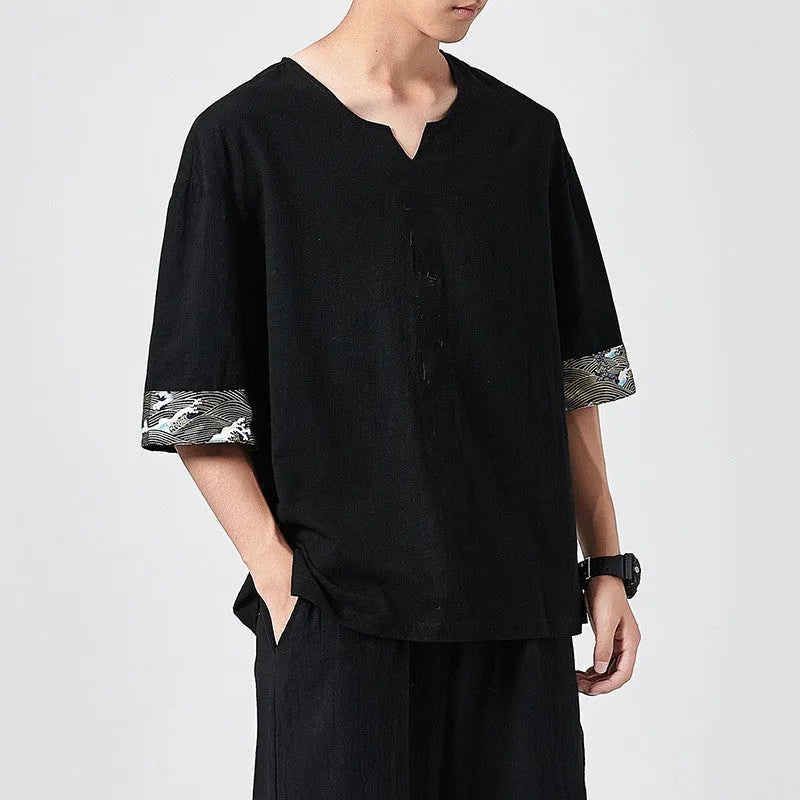 Men's linen yukata shirt set with plain embroidery, round neck, short sleeves, white colour option