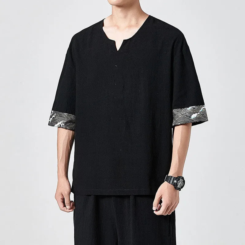 Men's linen yukata shirt set with plain embroidery, round neck, short sleeves, white colour option