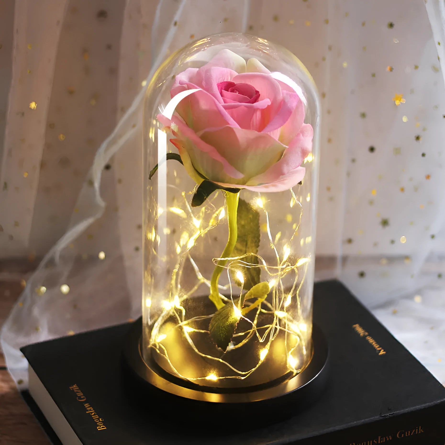 LED-lit silk rose bouquet under glass cover in various colours, 30cm centrepiece decoration