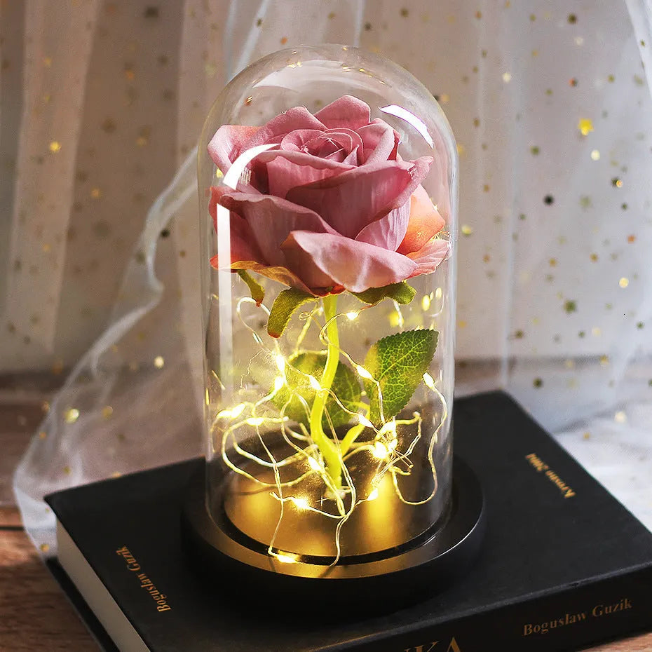 LED-lit silk rose bouquet under glass cover in various colours, 30cm centrepiece decoration