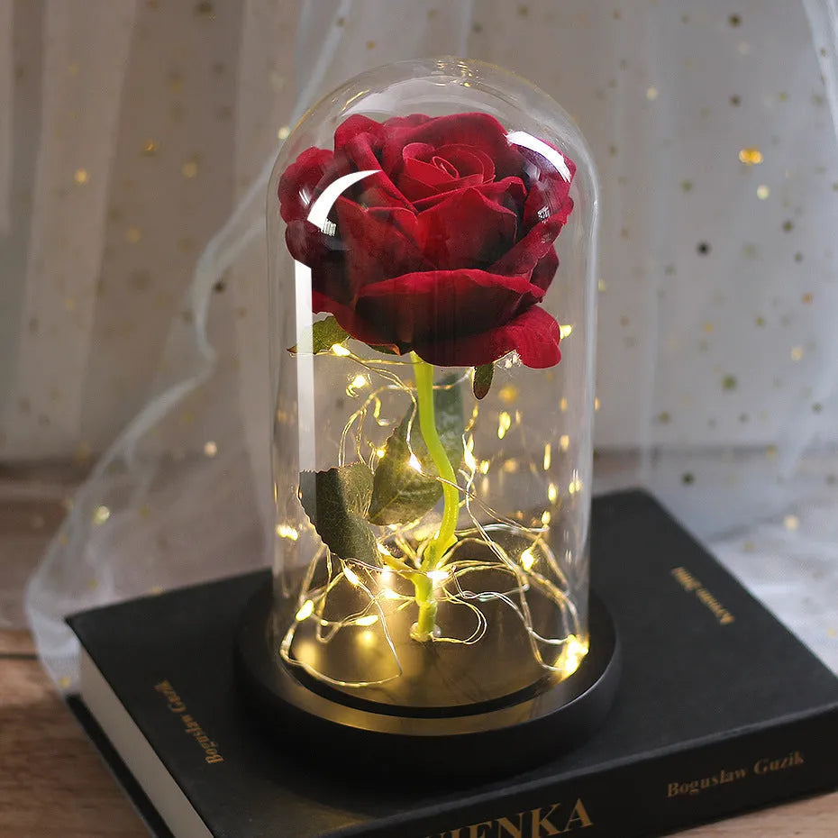 LED-lit silk rose bouquet under glass cover in various colours, 30cm centrepiece decoration