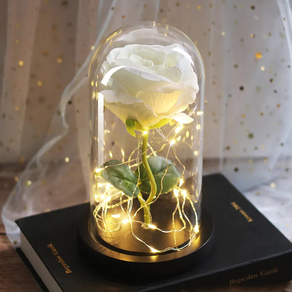 LED-lit silk rose bouquet under glass cover in various colours, 30cm centrepiece decoration