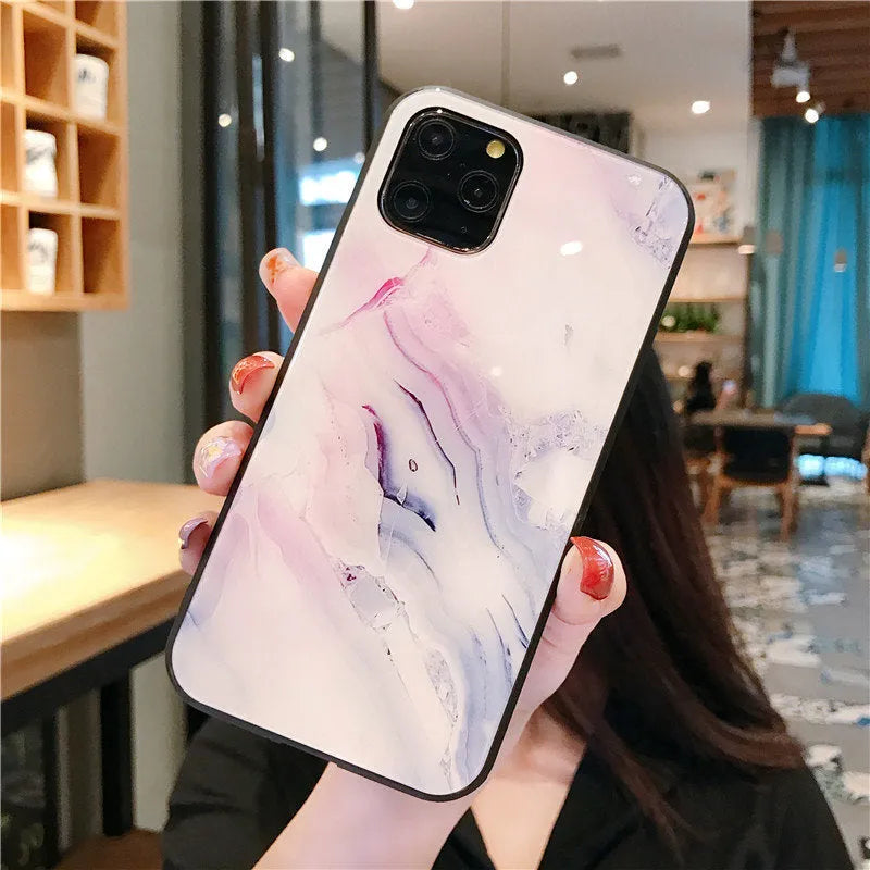 Marble back cover case for iPhone with tempered glass front and TPU bumper in Wandering Earth colour