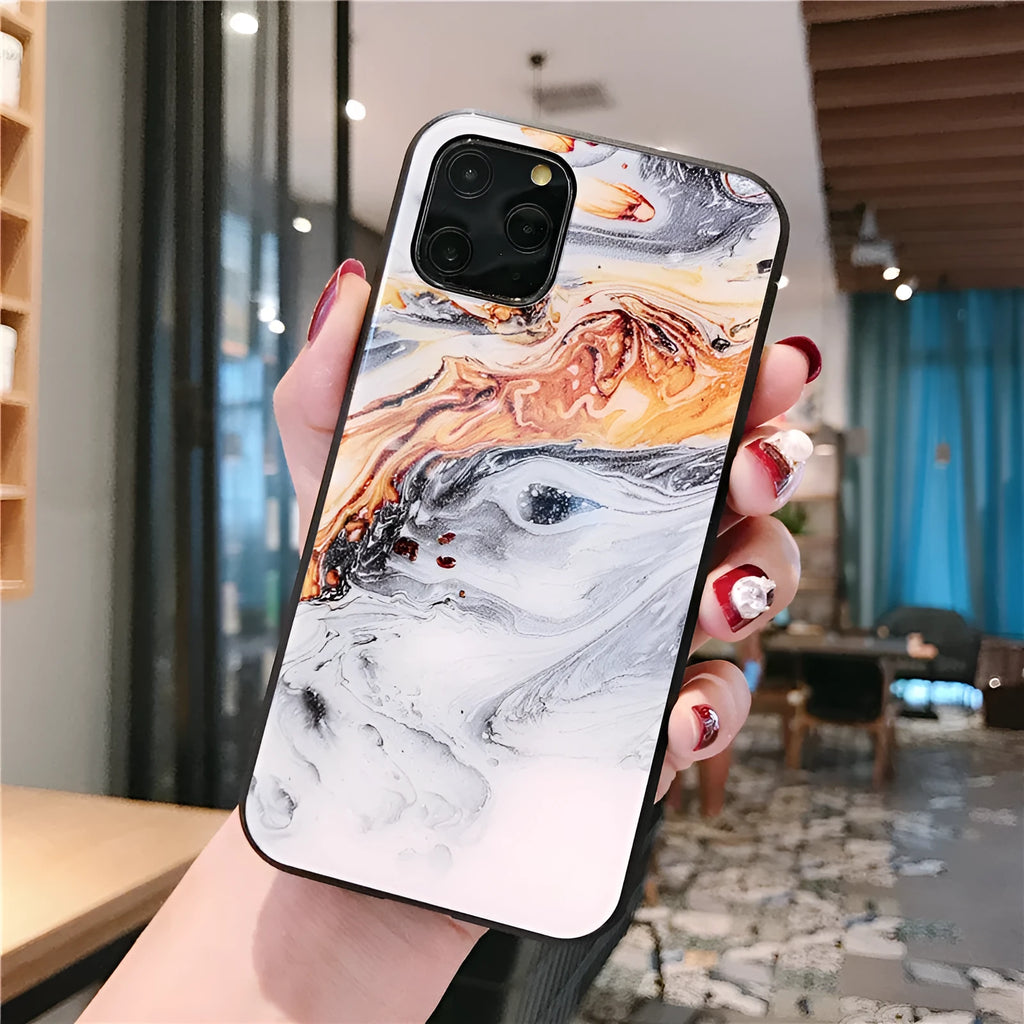 Marble back cover case for iPhone with tempered glass front and TPU bumper in Wandering Earth colour