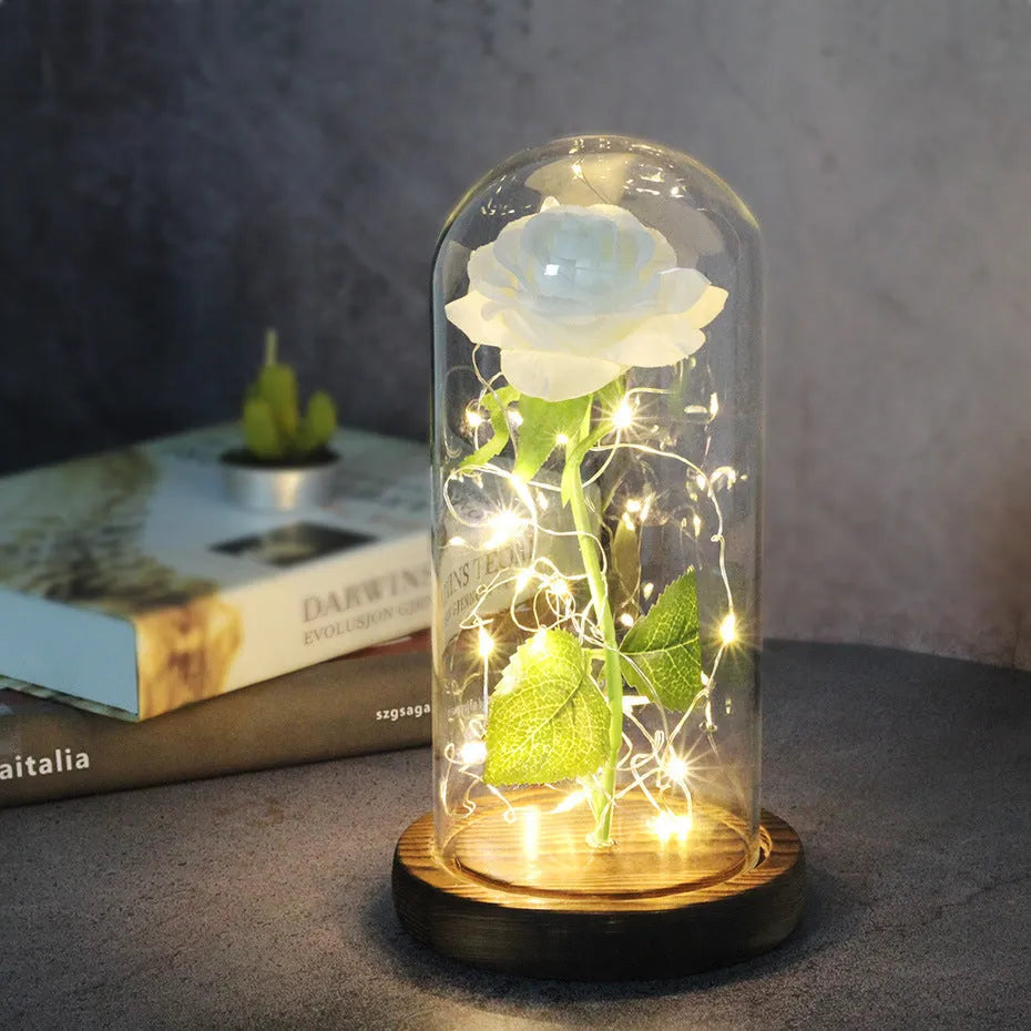 LED-lit silk rose bouquet under glass cover in various colours, 30cm centrepiece decoration