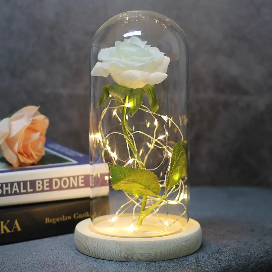LED-lit silk rose bouquet under glass cover in various colours, 30cm centrepiece decoration