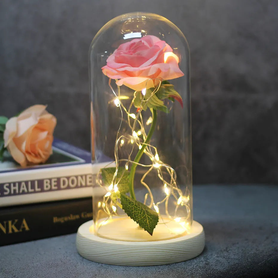 LED-lit silk rose bouquet under glass cover in various colours, 30cm centrepiece decoration