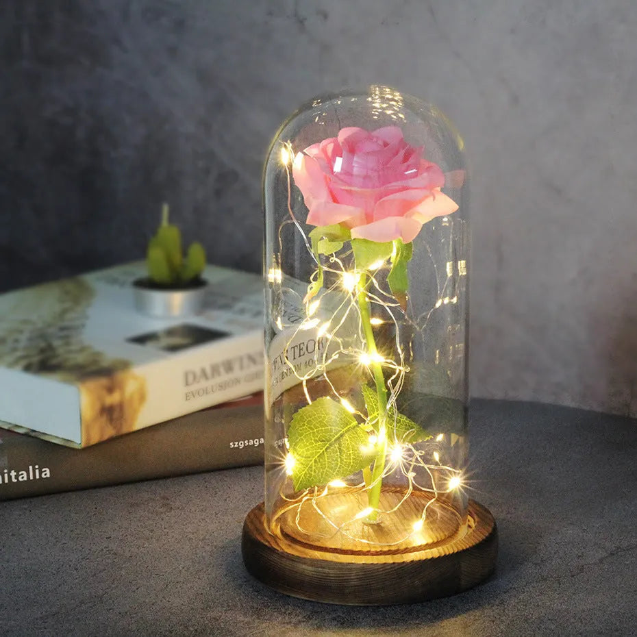 LED-lit silk rose bouquet under glass cover in various colours, 30cm centrepiece decoration
