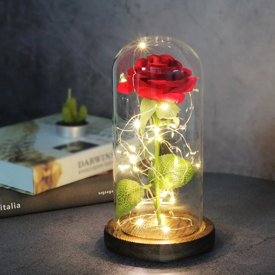 LED-lit silk rose bouquet under glass cover in various colours, 30cm centrepiece decoration