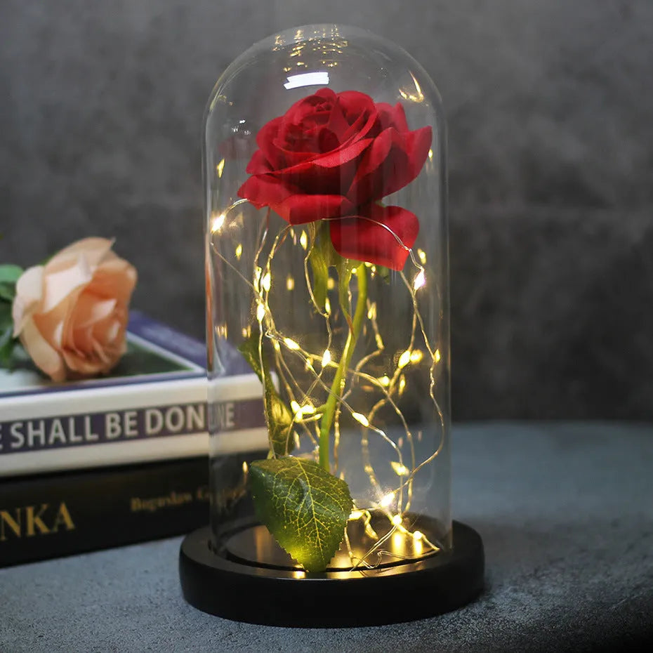 LED-lit silk rose bouquet under glass cover in various colours, 30cm centrepiece decoration