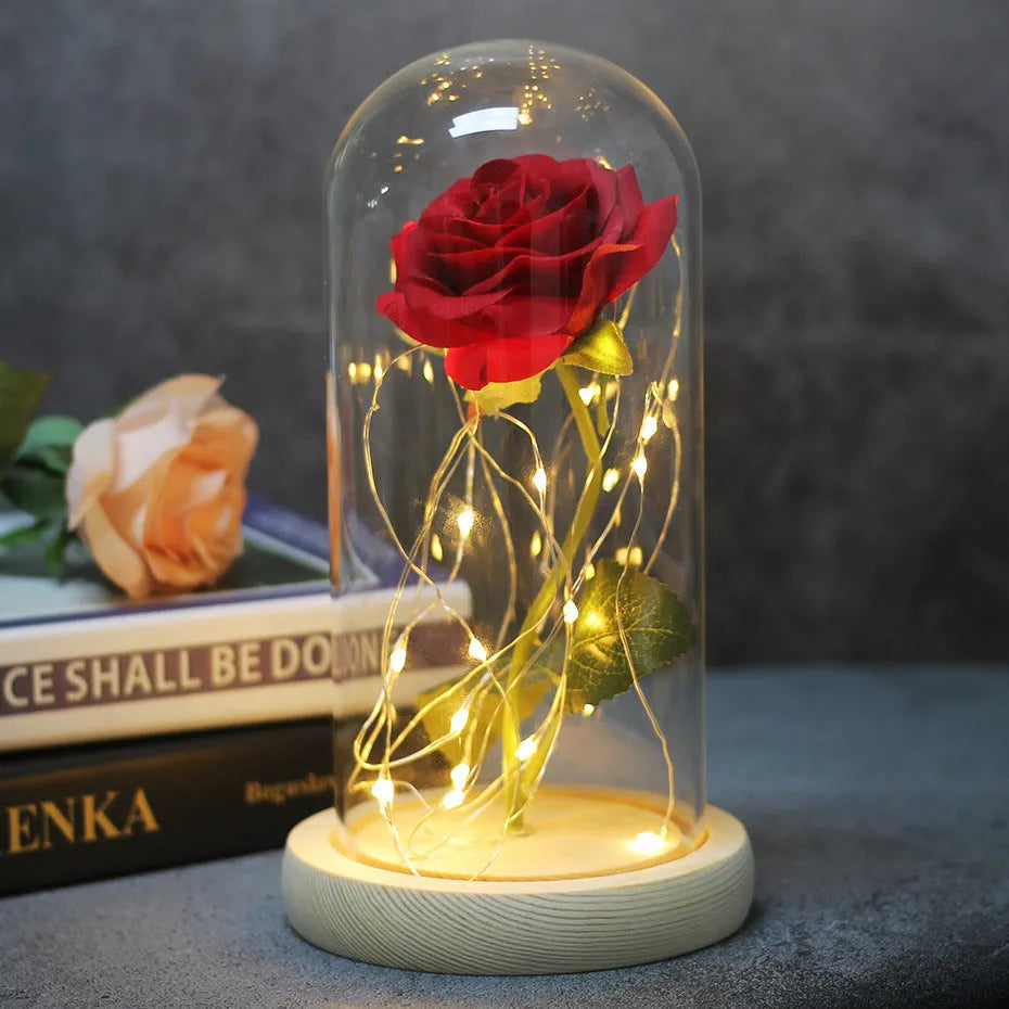 LED-lit silk rose bouquet under glass cover in various colours, 30cm centrepiece decoration